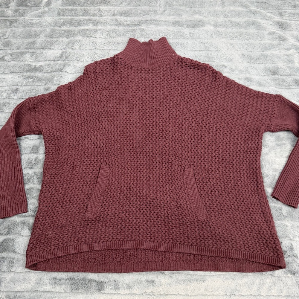 Ann Taylor LOFT Burgundy Textured Mock Neck Oversized Sweater Pockets Small